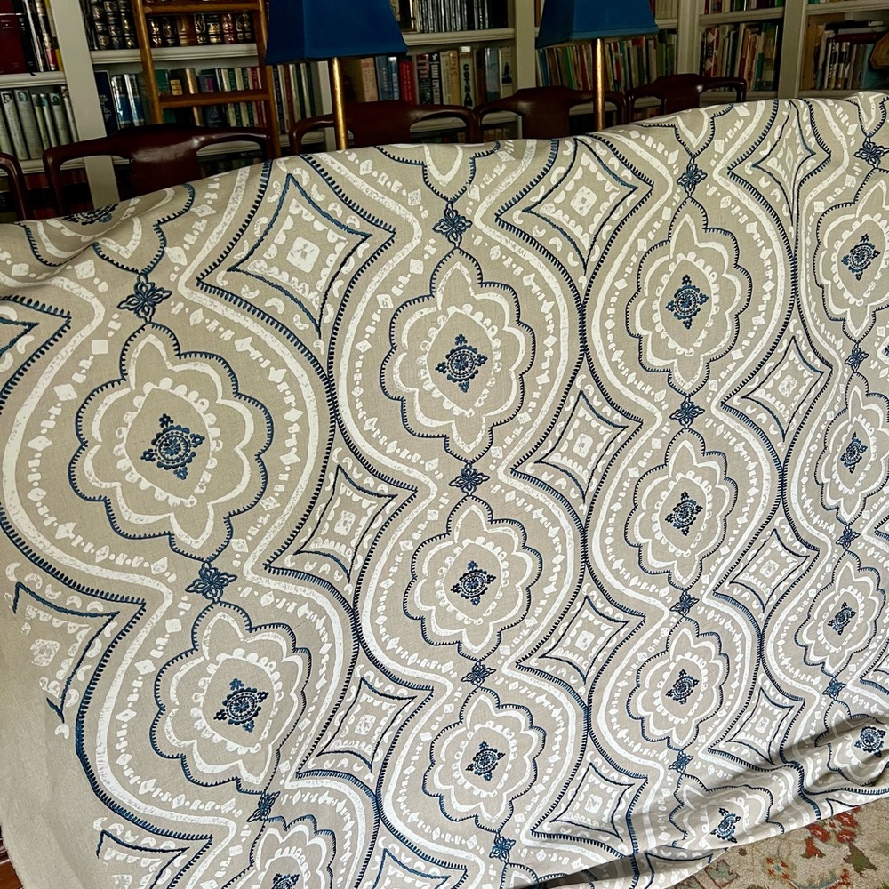 Striking hand blocked print & embroidered linen fabric. 7.5 yards!!